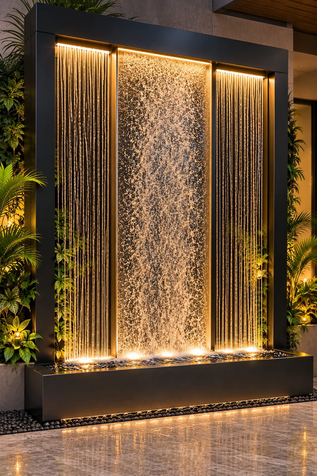 Gold-lit water wall